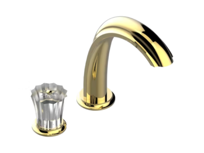 На изображении товар Смеситель THG Mille Nuits-Clear crystal с прогрессивным картриджем для раковины на 2 отверстия с краном, без донного клапана, цвет золото от официального представителя в Москве