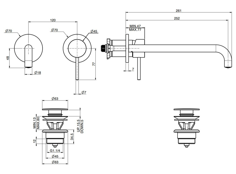 Смеситель для раковины Carlo Frattini Spillo Up, однорычажный, настенный, с донным клапаном Click-Clack, излив 250 мм, внешняя часть, цвет чёрный матовый - изображение 3