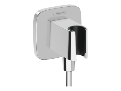 На изображении товар Шланговое подсоединение Hansgrohe FixFit Q, со встроенным держателем лейки, с клапаном обратного тока воды, цвет хром от официального представителя в Москве