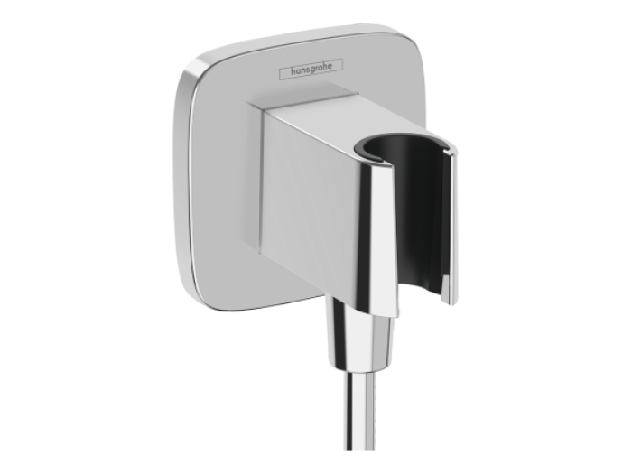 На изображении товар Шланговое подсоединение Hansgrohe FixFit Q, со встроенным держателем лейки, с клапаном обратного тока воды, цвет хром от официального представителя в Москве