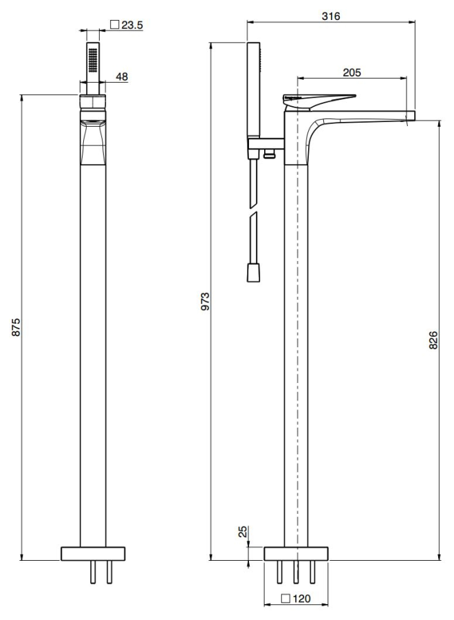 Смеситель для ванны Carlo Frattini Zeta, напольный, с гибким шлангом хромалюкс 1500 мм, переключателем, ручным душем, Н-973 мм, внешняя часть, цвет чёрный матовый - изображение 3