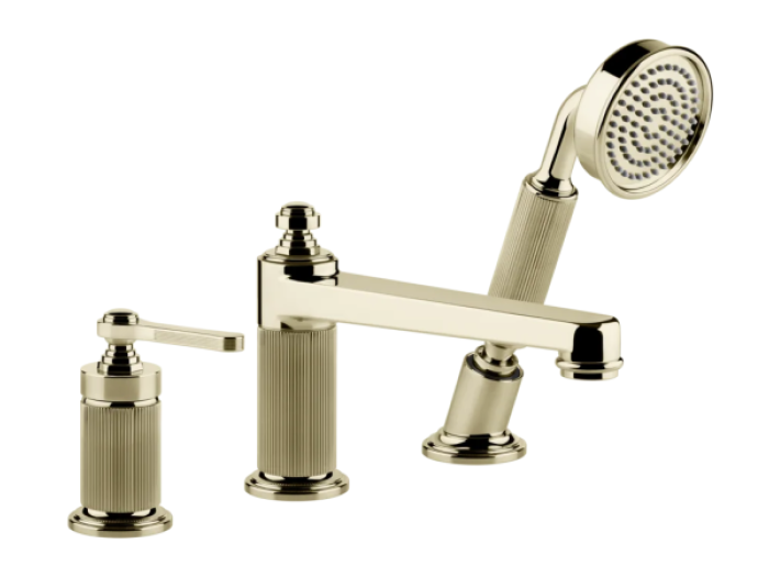 На изображении товар Смеситель для ванны Gessi Venti20, с изливом, дивертором, выдвижным ручным душем, цвет Brass PVD от официального представителя в Москве