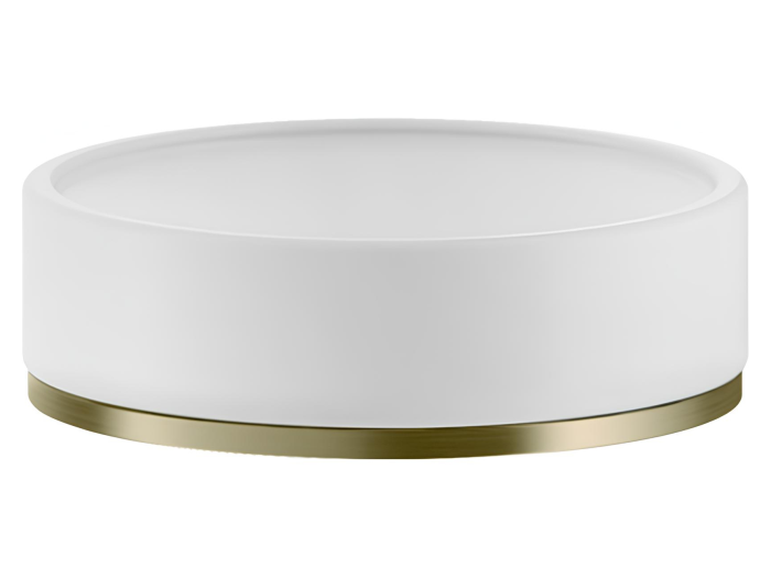 На изображении товар Мыльница Gessi Inciso ⌀115 мм, настольная, цвет White/Brushed Brass PVD от официального представителя в Москве