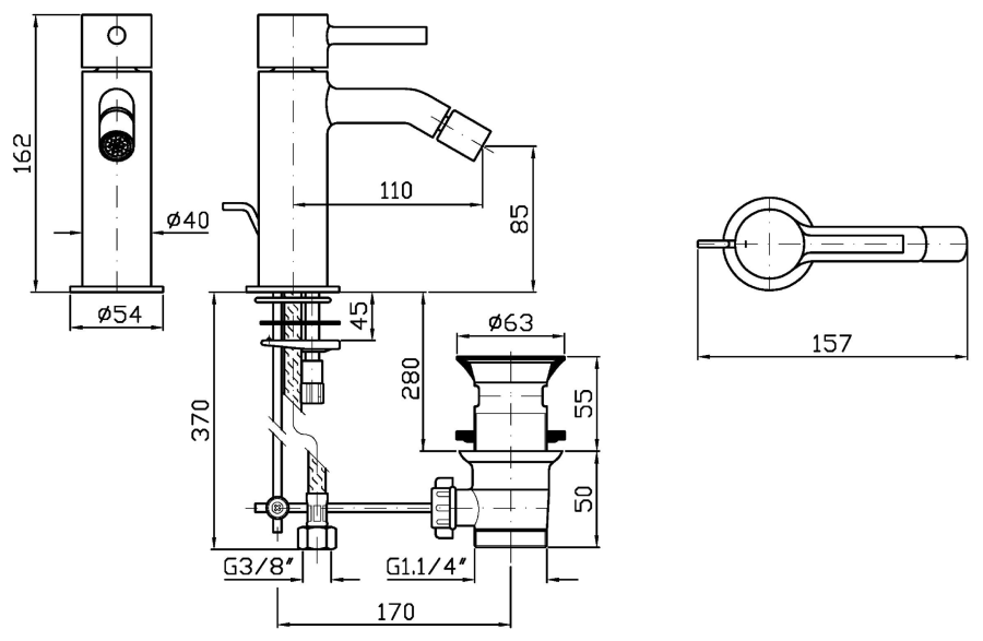 Cмеситель для биде Zucchetti Pan S, однорычажный, с аэратором, донным клапаном 1¼”, цвет брашированный никель - изображение 1