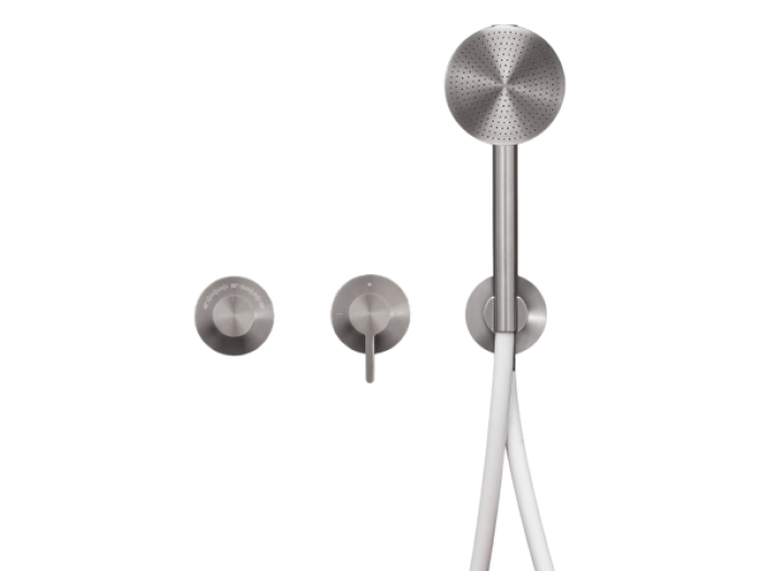 На изображении товар Термостат CeaDesign Innovo, настенный, на 3 отверстия, ручной душ Ø 80 мм, шланг в стальной оплётке, внешняя часть, цвет сатинированная сталь от официального представителя в Москве