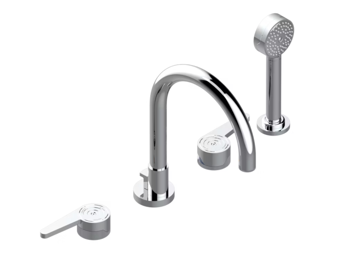 На фото Смеситель для ванны THG Zoom.12, на 4 отверстия, высокий излив, с ручным душем, цвет Polished chrome На изображении товар Смеситель для ванны THG Zoom.12, на 4 отверстия, высокий излив, с ручным душем, цвет Polished chrome от официального представителя в Москве