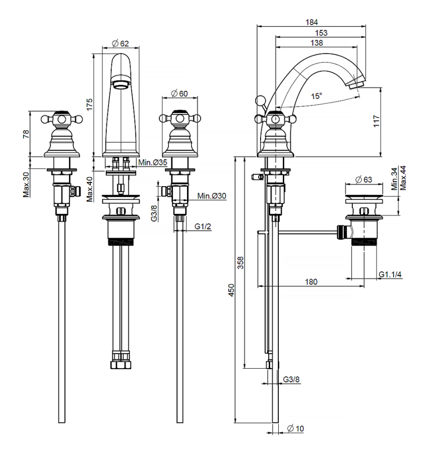 Смеситель для раковины Carlo Frattini Elizabeth/Epoque на три отверстия, донный клапан, цвет бронза - изображение 1