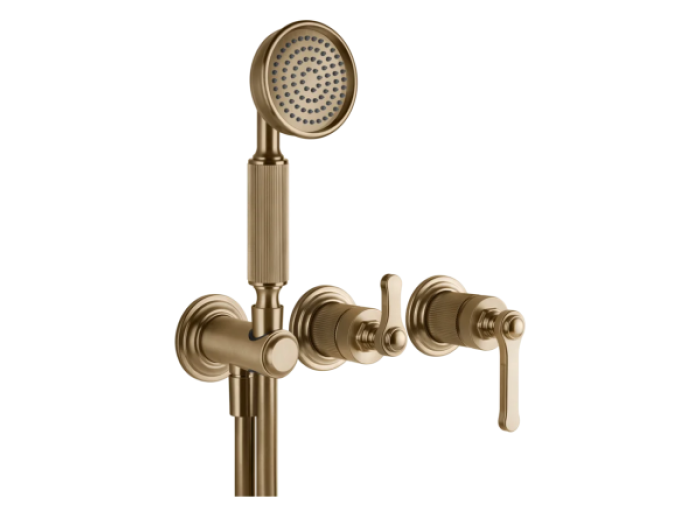 На изображении товар Смеситель Gessi Venti20, настенный, на 2 выхода с переключателем, выводом воды и держателем лейки, внешние части, цвет Warm Bronze Br. PVD от официального представителя в Москве