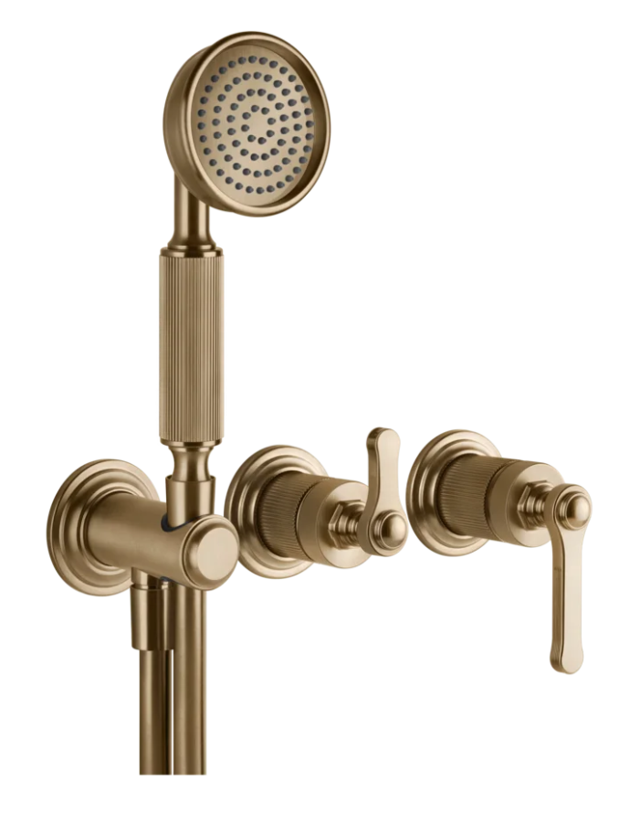 Смеситель Gessi Venti20, настенный, на 2 выхода с переключателем, выводом воды и держателем лейки, внешние части, цвет Warm Bronze Br. PVD