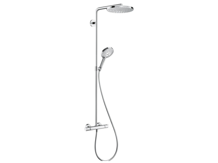 На изображении товар Душевая система Hansgrohe Raindance Select S 240 1j Showerpipe, состоит из: термостат, стойка, верхний душ, лейка ручная, шланг, цвет Хром от официального представителя в Москве