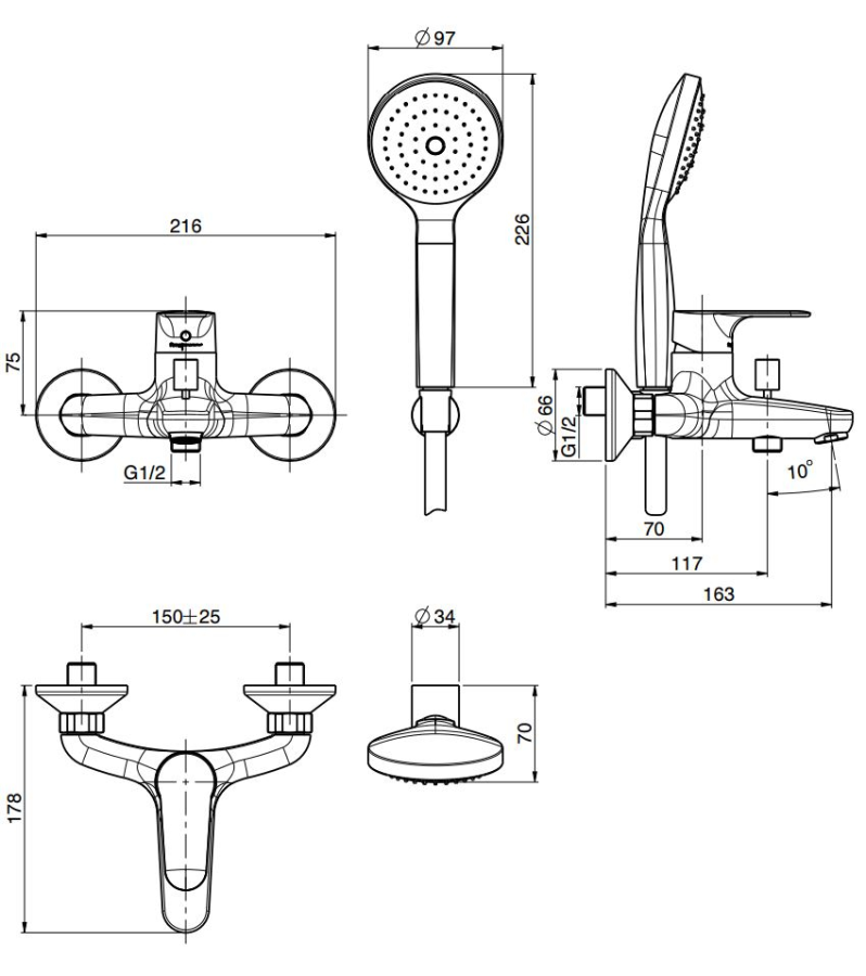 Смеситель для ванны Carlo Frattini Serie 22, с ручным душем, держателем, переключателем, гибким шлангом из латуни 1500 мм, цвет хром - изображение 3
