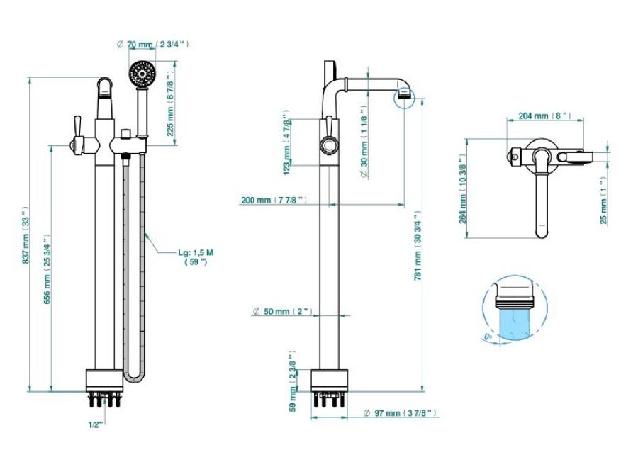 Смеситель для ванны THG Beaubourg a manettes, напольный, с ручным душем, Easyclean, цвет золотистый цвет PVD - изображение 1
