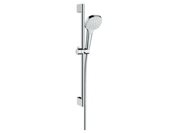 На изображении товар Душевой набор Hansgrohe Croma Select E, настенная штанга с ручным душем, цвет белый/хром от официального представителя в Москве