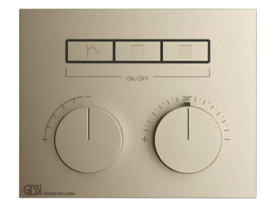 На изображении товар Термостат Gessi HI-FI, с кнопками вкл/выкл, до 3 функций одновременно, внешняя часть, ширина 200 мм, цвет Finox Brushed Nickel от официального представителя в Москве