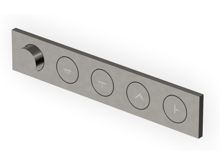 На изображении товар Термостат Zucchetti Hoop,  для душа, встраиваемый, горизонтальный/вертикальный монтаж, на 4 потребителя, внешняя часть, цвет Brushed Metal Black от официального представителя в Москве