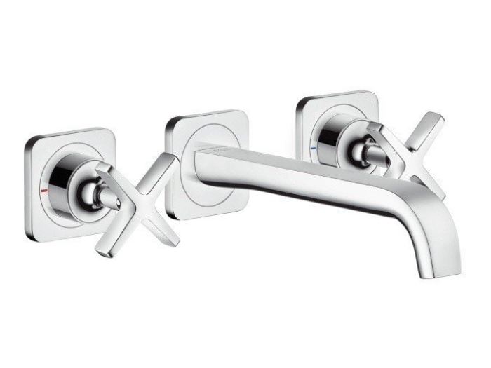 На изображении товар Смеситель для раковины Axor Citterio E, на 3 отверстия, внешняя часть, настенный монтаж, с розетками, излив 220 мм,  цвет хром от официального представителя в Москве