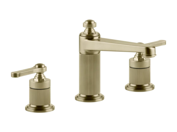 На изображении товар Смеситель для раковины Gessi Venti20, на 3 отверстия, средний, без донного клапана, цвет Brushed Brass PVD от официального представителя в Москве