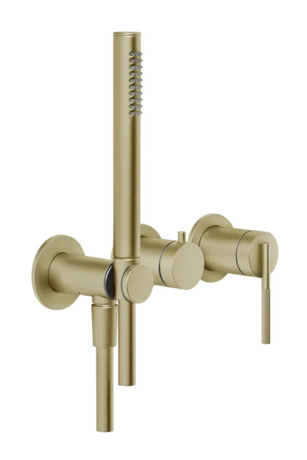Смеситель для ванны Gessi Ingranaggio, настенный, на 2 потребителя, с ручным душем, встраиваемый, цвет Brushed Brass PVD