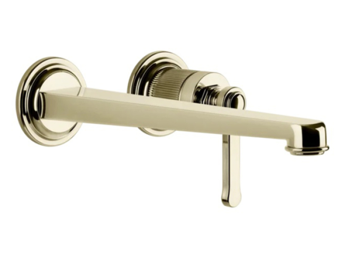 На изображении товар Смеситель для раковины Gessi Venti20, настенный, с длинным изливом, без донного клапана, внешние части, цвет Brass PVD от официального представителя в Москве