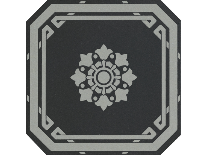 На изображении товар CERAMICHE GRAZIA Керамогранит OLD ENGLAND OTTAGONO DECORO BLACK 20X20 LONDON от официального представителя в Москве