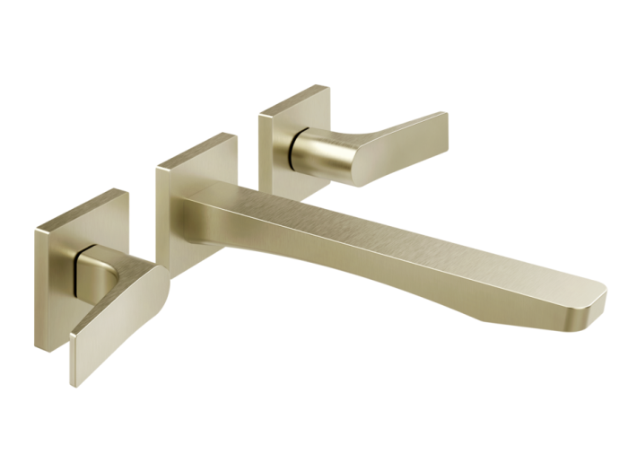 На изображении товар Смеситель для раковины Gessi Rilievo, на 3 отверстия, средний изливом, без донного клапана, внешние части, цвет Brass Brushed PVD от официального представителя в Москве