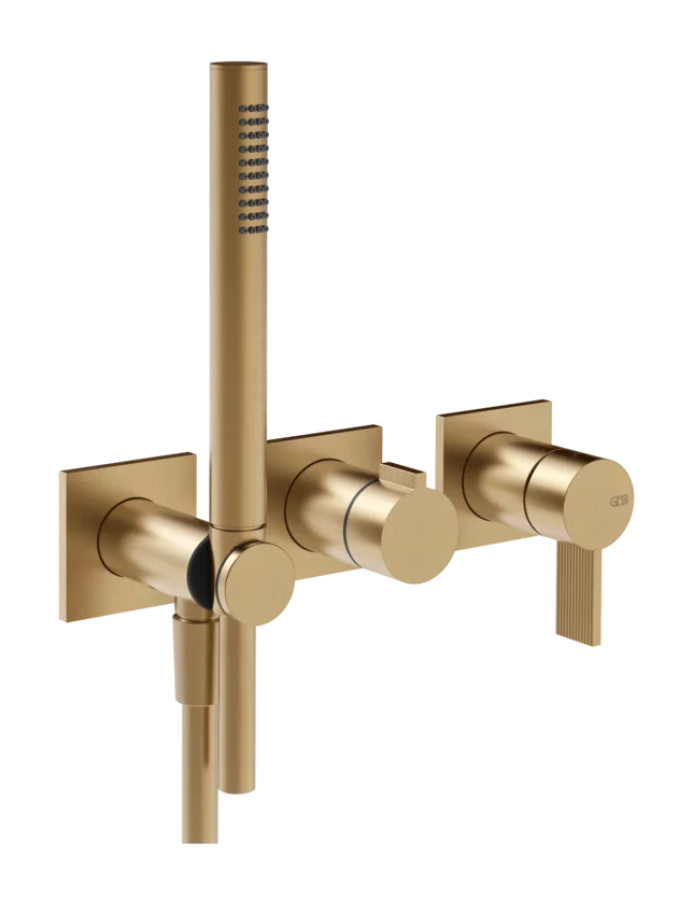 Cмеситель для душа Gessi Inverso, встраиваемый, настенный, на 2 выхода, с переключателем и ручным душем, внешняя часть, цвет Warm Bronze Brushed PVD