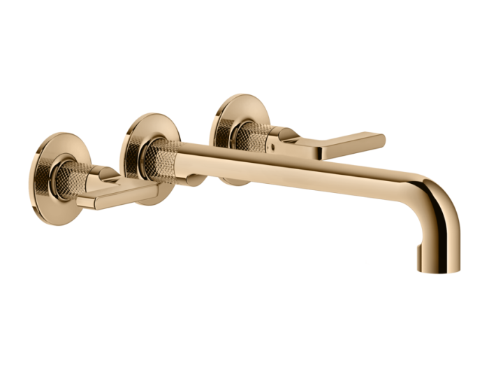 Смеситель для раковины Gessi Inciso, настенный, на 3 отверстия, длинный излив, без донного клапана, встраиваемый, цвет Warm Bronze PVD