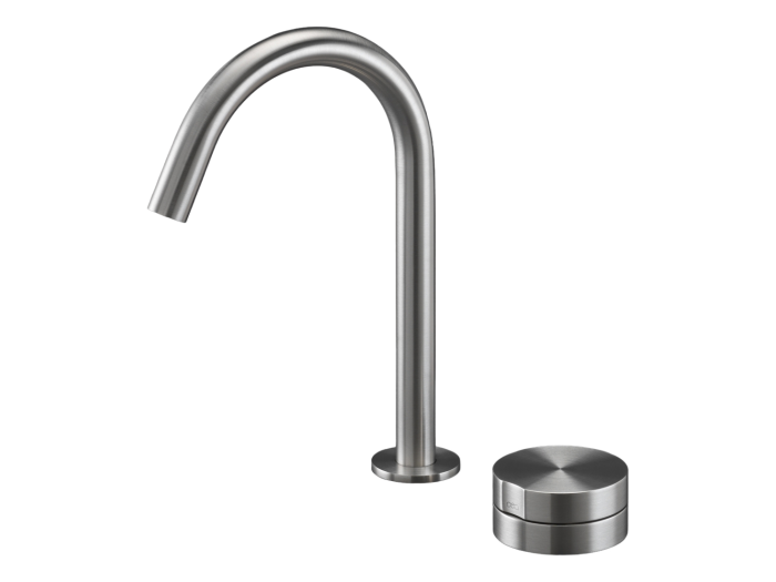 На изображении товар Смеситель CeaDesign Giotto Plus для раковины, на 2 отверстия, поворотный излив H. 235 мм, без донного клапана, цвет сатинированная сталь от официального представителя в Москве