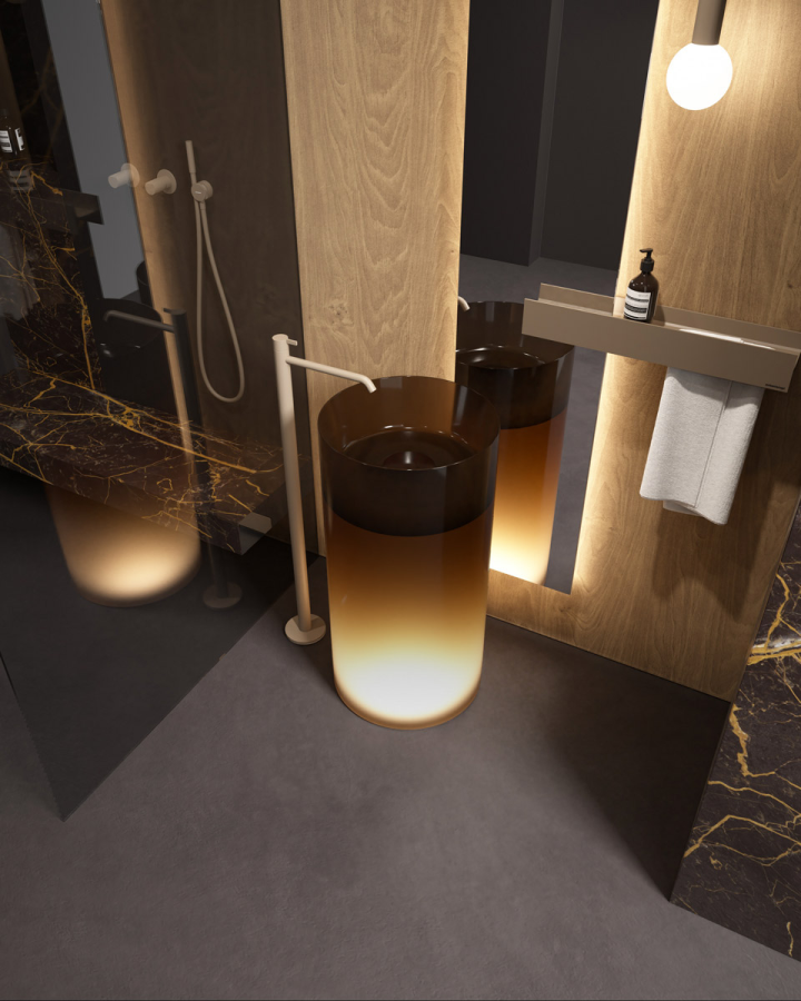 Раковина Antonio Lupi Breeze, напольная, Ø450хH900 мм, материал Cristalmood, LED подсветка, донный клапан сталь сатинированная, цвет Bronzo