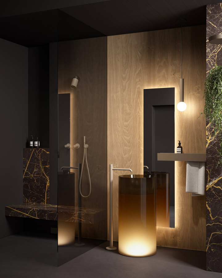 Раковина Antonio Lupi Breeze, напольная, Ø450хH900 мм, материал Cristalmood, LED подсветка, донный клапан сталь сатинированная, цвет Bronzo - изображение 1