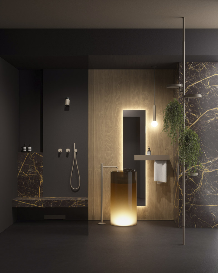 Раковина Antonio Lupi Breeze, напольная, Ø450хH900 мм, материал Cristalmood, LED подсветка, донный клапан сталь сатинированная, цвет Bronzo - изображение 2