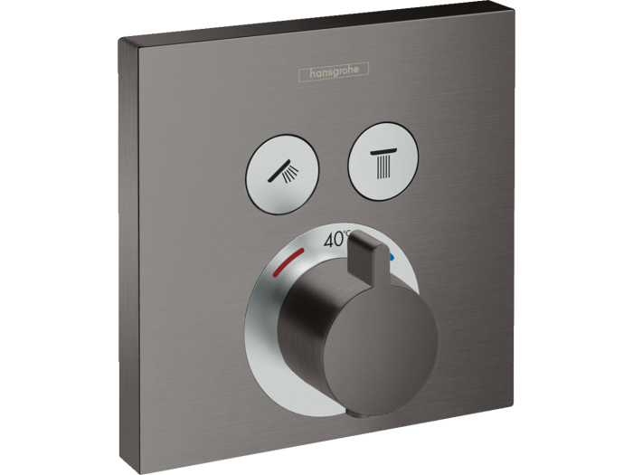 На изображении товар Термостатический смеситель для душа Hansgrohe ShowerSelect E, внешняя часть, для 2-х потребителей, цвет Хром черный шлифованный от официального представителя в Москве