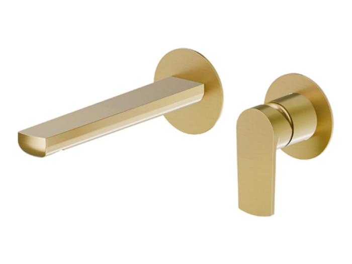 На изображении товар Смеситель для раковины Newform Haka, настенный, на 2 отверстия, без донного клапана, внешняя часть, цвет PVD Br. Gold от официального представителя в Москве