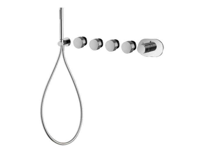 На изображении товар Термостат для душа/ванны Carlo Frattini SO, на 4 потребителя, без ручек, с ручным душем, гибким шлангом хромалюкс 1500 мм, внешняя часть, цвет чёрный хром брашированный от официального представителя в Москве