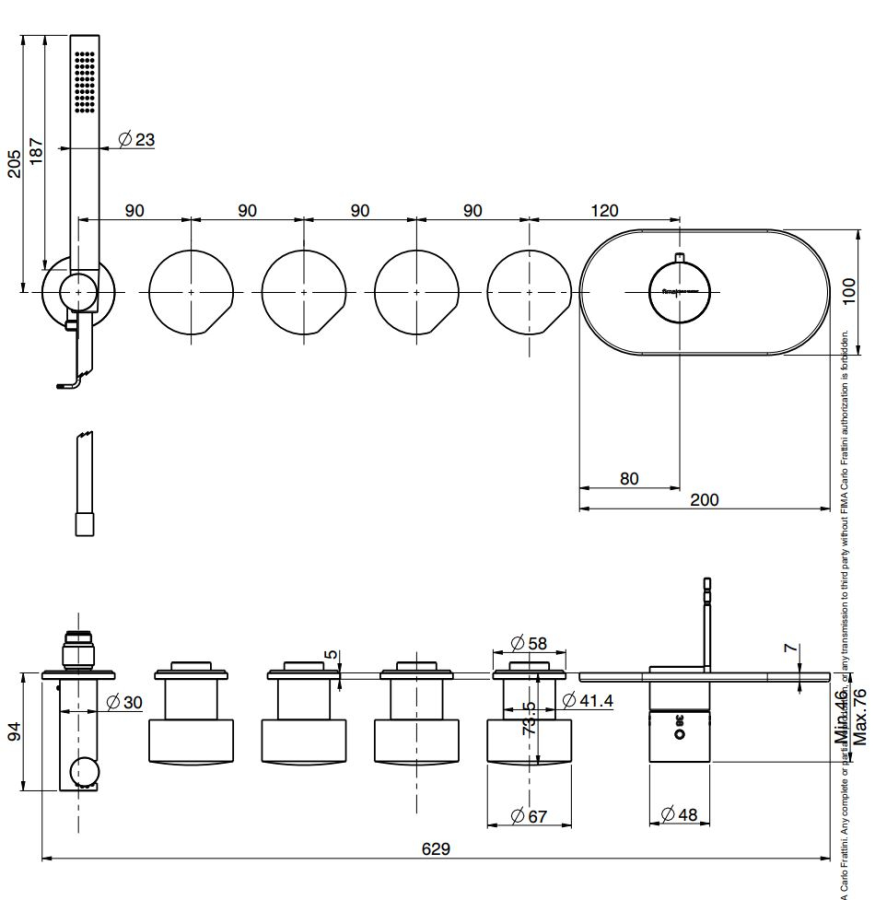Термостат для душа/ванны Carlo Frattini SO, на 4 потребителя, без ручек, с ручным душем, гибким шлангом хромалюкс 1500 мм, внешняя часть, цвет чёрный хром брашированный - изображение 1