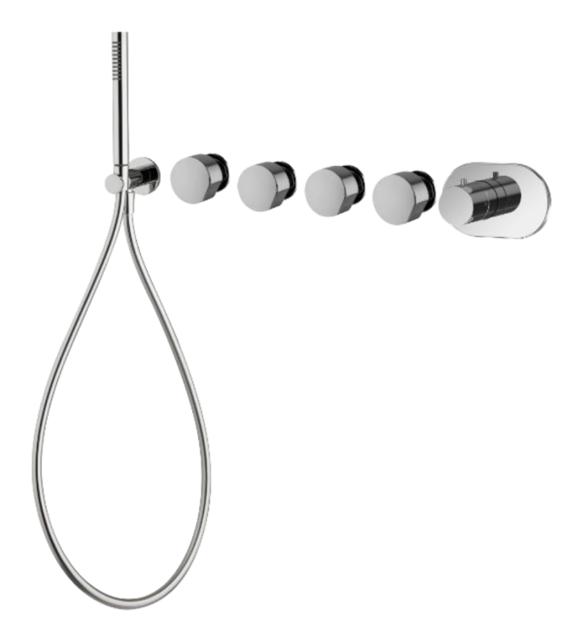 Термостат для душа/ванны Carlo Frattini SO, на 4 потребителя, без ручек, с ручным душем, гибким шлангом хромалюкс 1500 мм, внешняя часть, цвет чёрный хром брашированный