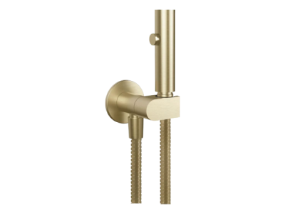 На изображении товар Гигиенический душ Gessi Tondo, с лейкой, шлангом, шланговым подсоединением и держателем лейки, с предохранительным клапаном, ширина 75 мм, цвет Brushed Brass PVD от официального представителя в Москве