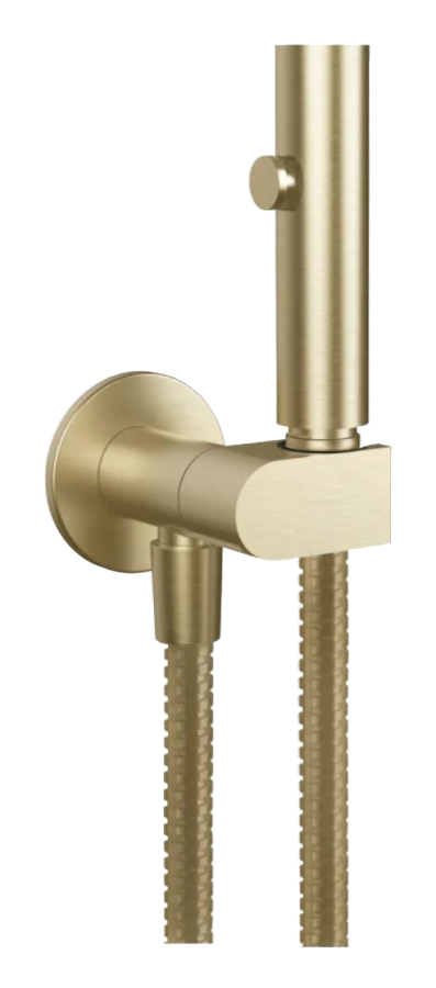 Гигиенический душ Gessi Tondo, с лейкой, шлангом, шланговым подсоединением и держателем лейки, с предохранительным клапаном, ширина 75 мм, цвет Brushed Brass PVD