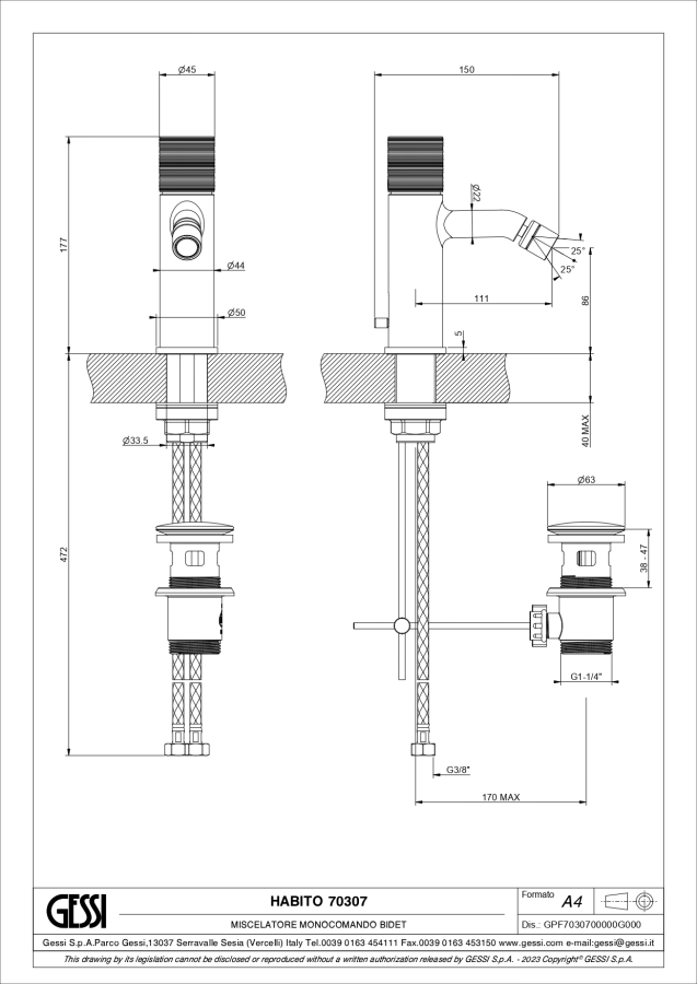 Cмеситель для биде Gessi Habito, с донным клапаном и соединительными шлангами, цвет Copper Brushed PVD - изображение 1