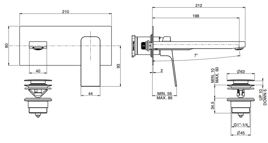 Смеситель для раковины Carlo Frattini Fit, настенный, с донным клапаном Click-Clack, излив 200 мм, внешняя часть, цвет хром - изображение 3