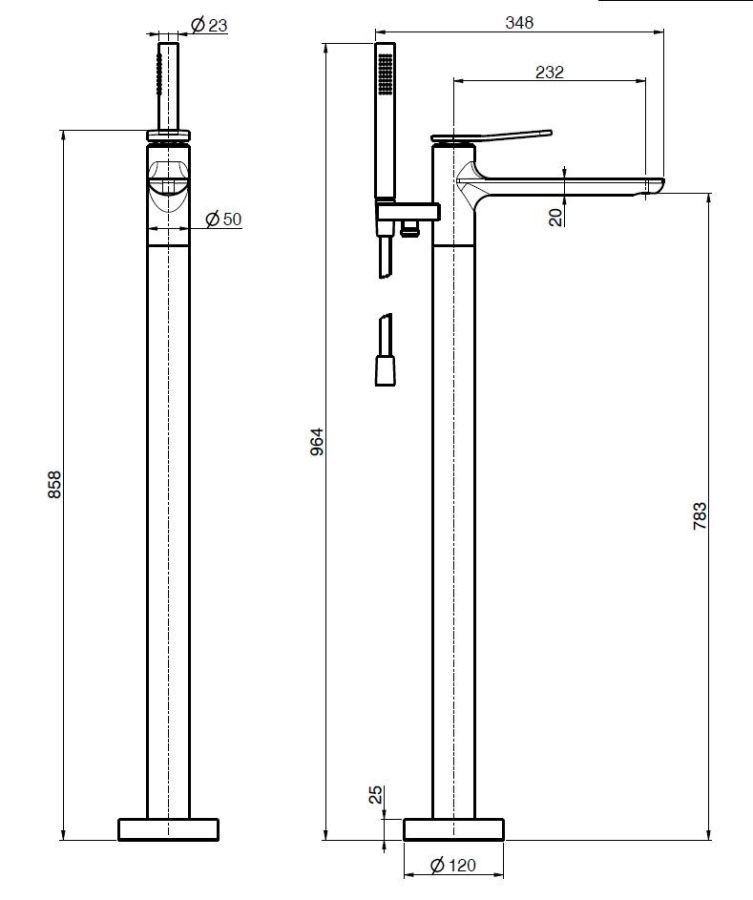 Смеситель для ванны Carlo Frattini Flo, напольный, с переключателем, ручным душем, гибким шлангом хромалюкс 1500 мм, от пола до аэратора Н-783 мм, внешняя часть, цвет чёрный матовый - изображение 3