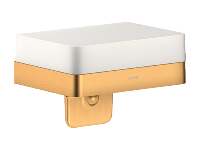 На изображении товар Дозатор для жидкого мыла Axor Universal Softsquare, настенный, с полочкой, металл/стекло, цвет золото шлифованное/белое от официального представителя в Москве