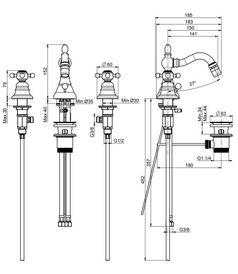 Смеситель для биде Carlo Frattini Elizabeth/Epoque, XS, двухвентильный, с поворотным изливом, донным клапаном, 2 гибкими шлангами, Н-152 мм, цвет золото - изображение 1