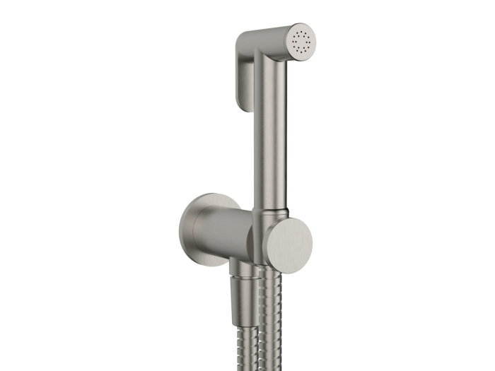 На изображении товар Гигиенический душ Gessi Tondo, шланг 1250 мм, шланговое подсоединение с держателем лейки, цвет Chrome Brushed от официального представителя в Москве