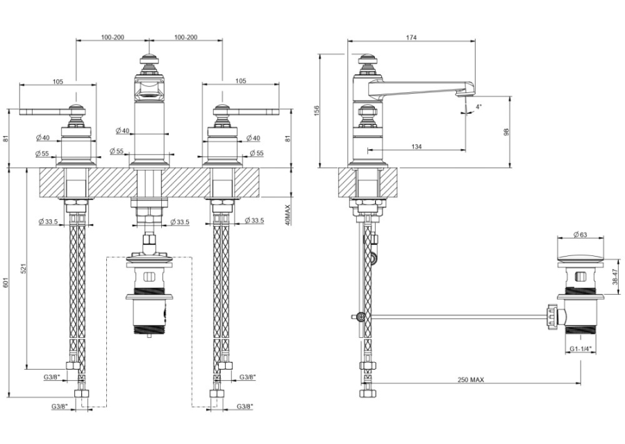 Смеситель для раковины Gessi Venti20, на 3 отверстия, средний, с донным клапаном, цвет Copper Brushed PVD - изображение 2