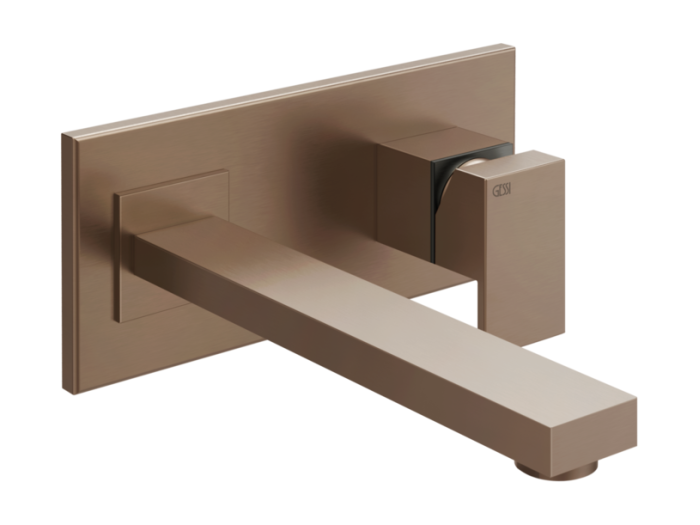На изображении товар Смеситель Gessi Rettangolo, настенный, с длинным изливом, без донного клапана, внешняя часть, цвет Copper Brushed PVD от официального представителя в Москве
