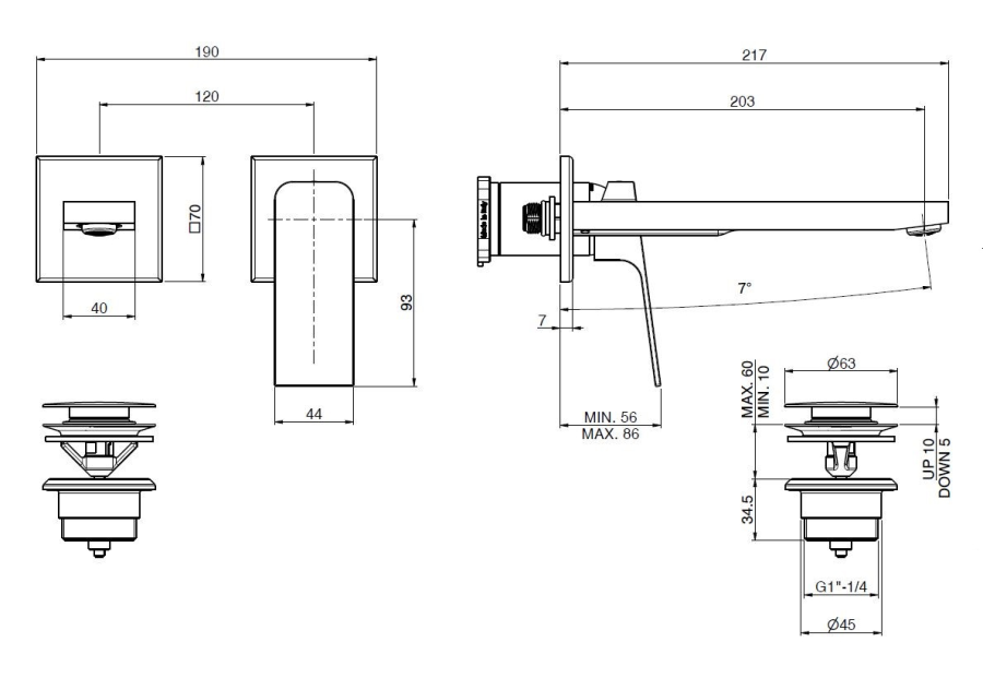 Смеситель для раковины Carlo Frattini Fit, настенный, с донным клапаном Click-Clack, излив 200 мм, внешняя часть, цвет чёрный матовый - изображение 3