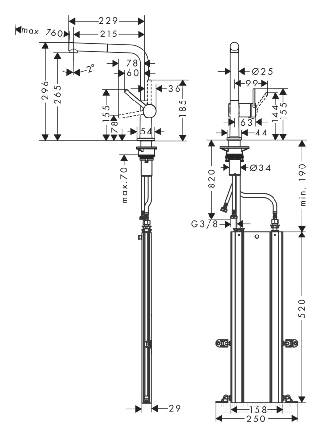 Смеситель для кухни Hansgrohe Talis M54, ComfortZone 270, однорычажный, 1 тип струи, выдвижной излив, цвет Сталь - изображение 4