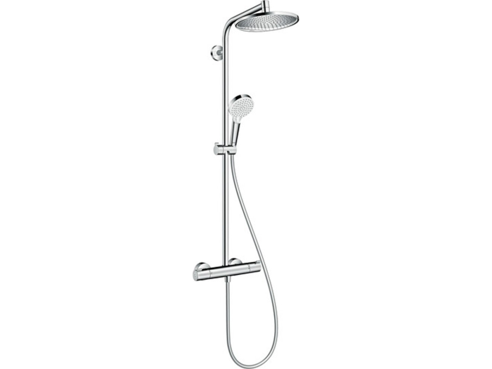 На изображении товар Душевая система Hansgrohe Crometta S 240: термостат, стойка, верхний душ, лейка ручная, шланг, цвет хром от официального представителя в Москве