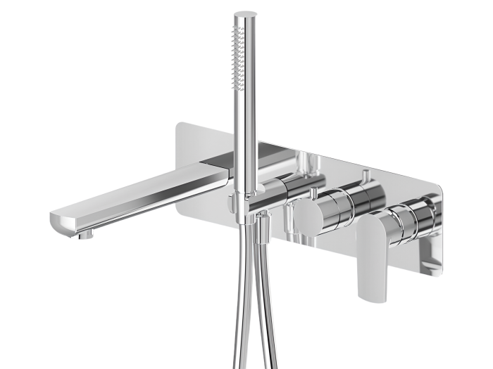 На изображении товар Смеситель для ванны Newform Haka, настенный, скрытого монтажа, излив, переключатель на 2 выхода, ручной душ, внешняя часть, цвет хром от официального представителя в Москве